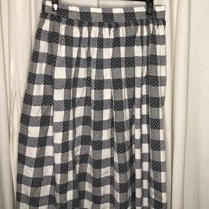 Blue and white pleated maxi skirt.